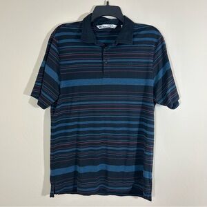 Travis Mathew Mens Golf Polo Shirt M Black Blue Red Striped Pima Cotton Blend
